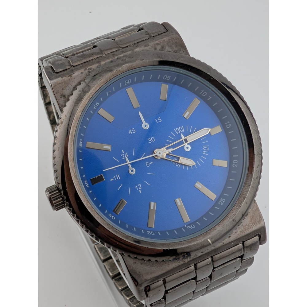 Massimo Watch Men 46mm Case Blue Dial Gunmetal Gray‎ 7.5" Band- New Battery